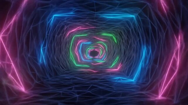 Futuristic neon tunnel with glowing lines creating endless digital perspective