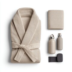 Relaxing spa essentials cozy bathrobe and accessories home lifestyle imagery minimalist view