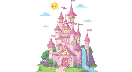 Castello rosa fiabesco soleggiato illustrato bambini. AI Generated
