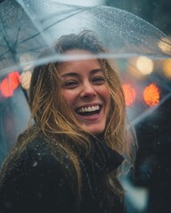 Joyful woman laughing under umbrella in rainy city urban lifestyle candid moment