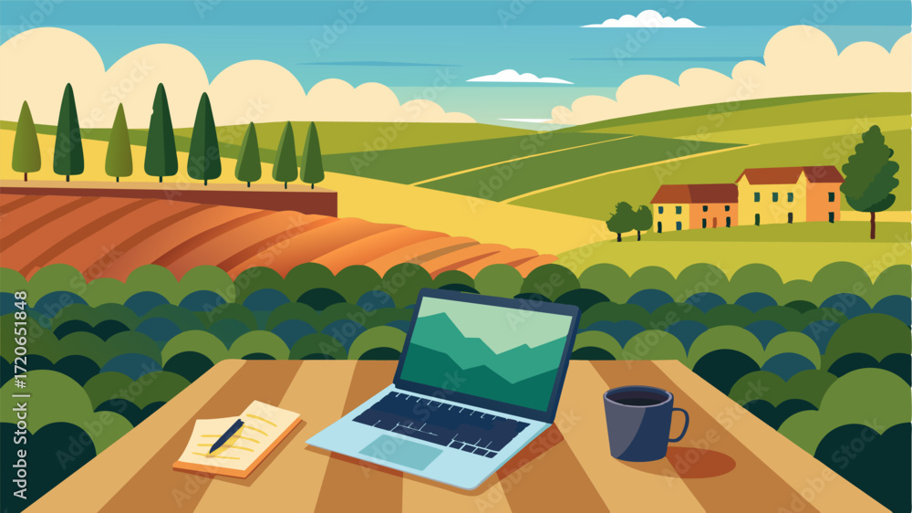 Poster a laptop and a notebook are neatly arranged on a wooden bench overlooking rows of lush vines in a pe