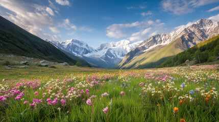 Spring meadow with alpine mountains and blooming flowers