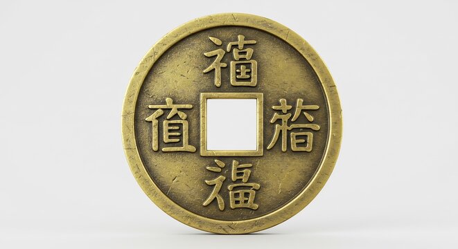 Moneta antica cinese luce morbida dettagli incisi stile minimalista. AI Generated