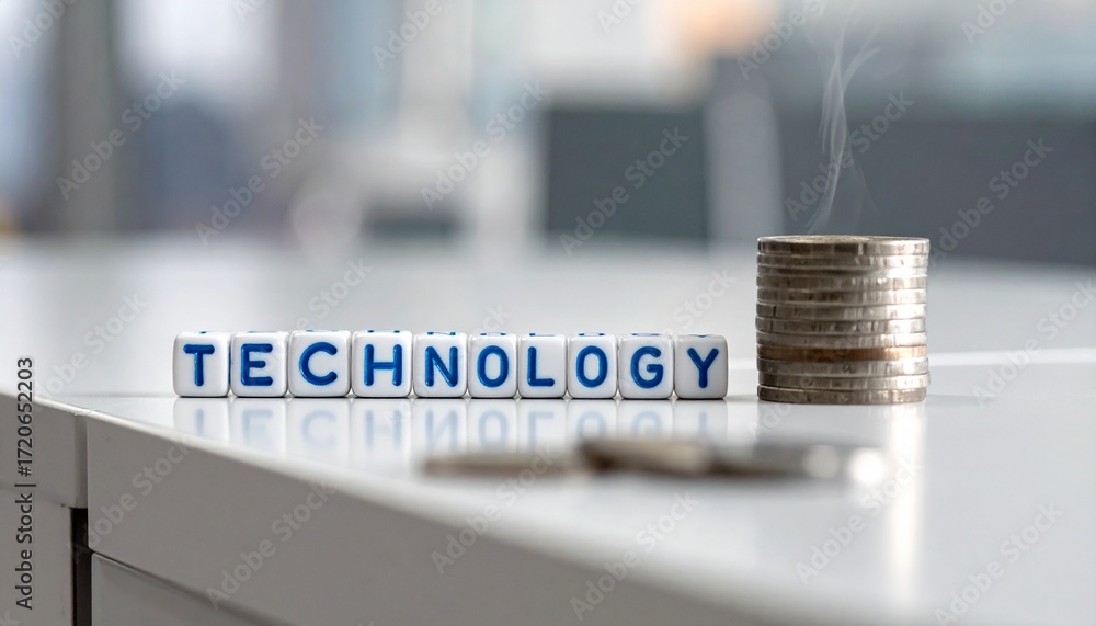 Poster conceptual image showcasing the word technology with stacks of coins, symbolizing the financial aspe