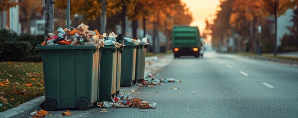 Overflowing trash bins on a quiet street in autumn, highlighting waste management issues.