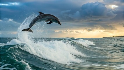 Obraz premium Dolphin leaping out of the water with a cloudy sky background