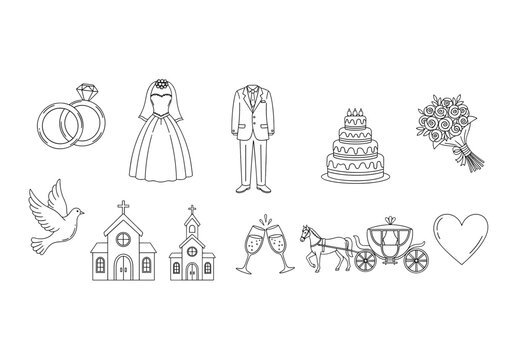 Set of  wedding icons in hand drawn doodle style. Vector illustration with rings, bride dress, groom suit, bouquet, cake, dove, church, champagne, carriage