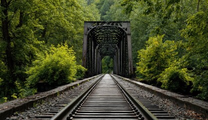 A rusted metal railway bridge, flanked by lush green foliage, stretches into a verdant forest tunnel