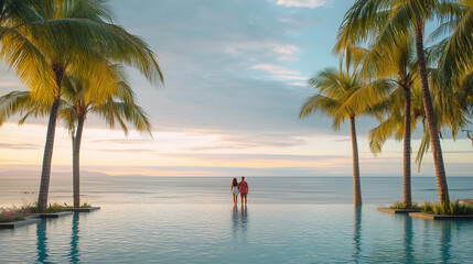 Honeymoon couple at seaside resort with palm trees and sunset