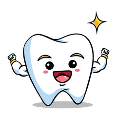 a cute, cartoon-style tooth character with a big smile and muscular arms, flexing to show its strength.. ideal for promoting dental health, oral care products, and kids educational materials