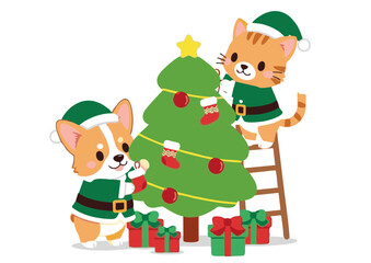Adorable cartoon corgi dog and a cute cat dressed in festive elf costumes, happily decorating a Christmas tree for the winter holidays