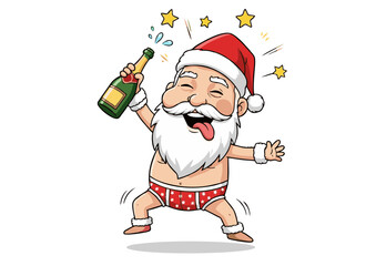 Funny cartoon illustration of a drunk old man in a festive hat and red underwear, joyfully celebrating the holidays with a bottle of champagne