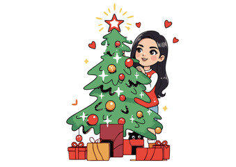 An adorable young woman joyfully celebrating holiday traditions, placing the glowing star atop a festive Christmas tree surrounded by presents