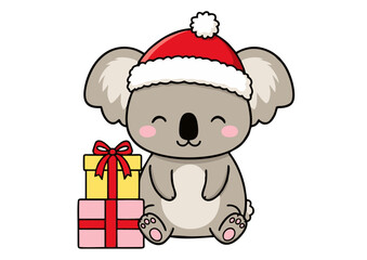 Adorable cartoon koala wearing a festive red hat, sitting happily next to a stack of holiday gifts. A cute animal character illustration perfect for a Christmas greeting card