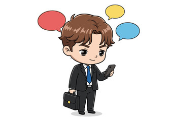 A young cartoon businessman in a suit holding a smartphone, engaging in digital communication and professional networking