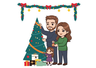 Family's Festive Christmas Decorating the Tree Together - A Heartwarming Illustration of Holiday Joy, Unity, and Seasonal Celebration in December