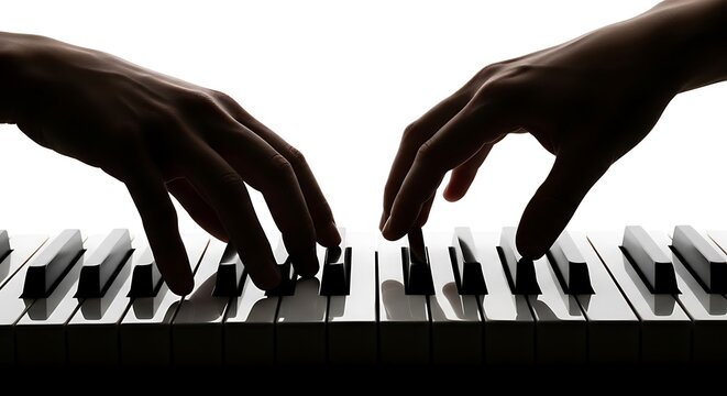 Two hands play a piano keyboard in a graceful silhouette against a white background.