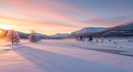 A breathtaking winter sunrise paints the frosted landscape with soft, pastel hues, highlighting a serene river valley nestled amidst snow-capped mountains.