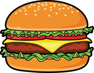 Delicious cartoon hamburger fast food meal fresh ingredients burger illustration isolated vector