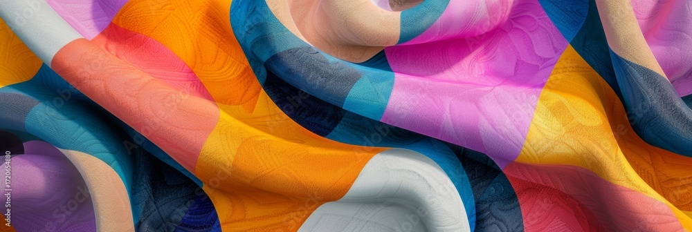 Poster playful bath towels with a geometric design of abstract shapes overlapping in vibrant colors.