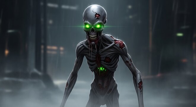 A menacing, skeletal figure with glowing green eyes dominates a dark, foggy urban scene.