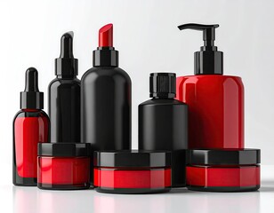 Obraz premium Red and Black Cosmetic Bottles and Jars on White Background.