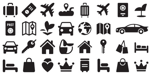 Solid black silhouette icon set of lifestyle and miscellaneous elements, including suitcase, airplane, passport, map and more, bold flat vector shapes, clean modern style, professional design