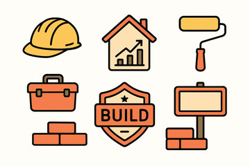 Set of Construction and Building Icons in Bright Colors for Industry and Development