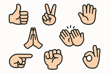 Set of Diverse Hand Gesture Icons Showing Thumbs Up Peace Sign Clapping Pointing and OK Sign in Cartoon Style