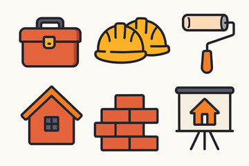 Construction Tools and Building Materials Icons in Orange and Yellow Colors