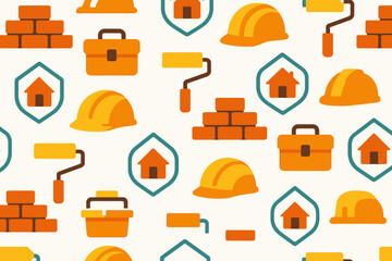 Construction Tools and Safety Equipment Pattern with Hard Hats Bricks and House Symbols