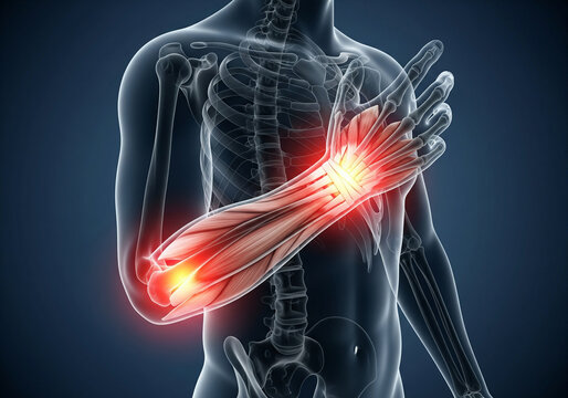 X-ray illustration of human skeleton anatomy showing highlighted pain in forearm and elbow joint with muscle bone ache