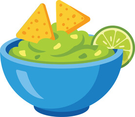 Vibrant blue bowl fresh guacamole appetizer with tortilla chips and lime slice vector