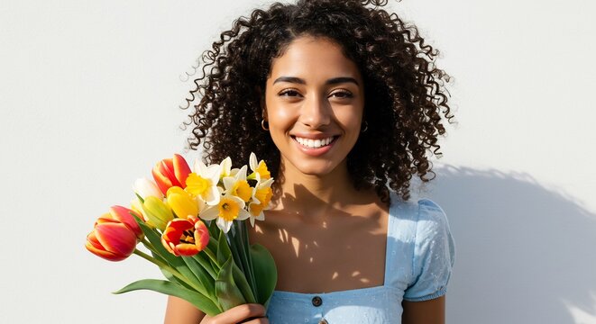 Donna sorridente tiene fiori primavera luce solare. AI Generated