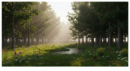 Fototapeta premium Alba dorata illumina sentiero boschivo fiume serpeggiante prati fioriti. AI Generated
