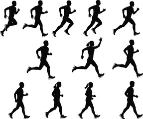 Silhouettes of running men and women, jogging, walking, fitness activity, sport training outline, healthy lifestyle vector, exercise design illustration
