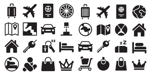 Solid black silhouette icon set of lifestyle and miscellaneous elements, including airplane, suitcase, passport, car and more, bold flat vector shapes, clean modern style, professional design