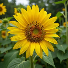 Obraz premium Bright yellow sunflower blooming in a green field.