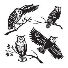 Collection of owl silhouettes perched and in flight, isolated on white background, showcasing their majestic presence and intricate feather details, ideal for naturethemed designs