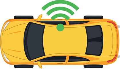Top view yellow car with wireless signal icon representing connectivity and autonomous driving technology vector