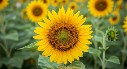 Fototapeta premium A single sunflower in full bloom with a blurred field background.
