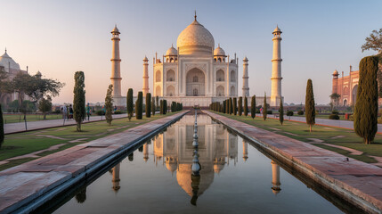 Sunrise view of Taj Mahal with golden light