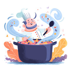 Joyful chef magically stirs a vibrant, steaming pot of soup.