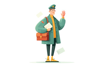 Friendly postman delivering mail, waving hello, cheerful illustration.
