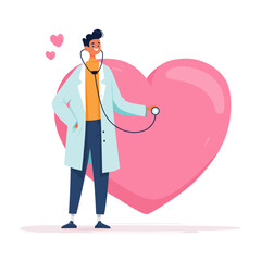 Smiling doctor using stethoscope to examine a large pink heart.