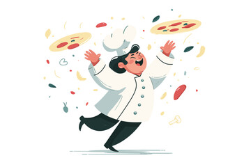 Joyful chef tosses delicious pizzas, ingredients flying, culinary celebration.