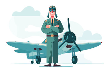 Confident aviator in uniform stands proudly before his vintage propeller plane.