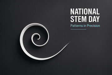 National STEM Day banner with white spiral curve resembling golden ratio, slogan Patterns in Precision on dark background