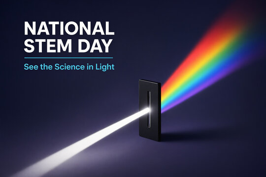 National STEM Day banner with light beam passing through slit creating rainbow spectrum, slogan See the Science in Light on dark background