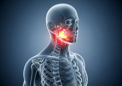 Medical x-ray visualization depicting highlighted pain in the human jaw and lower facial skull anatomy with bright red glow
